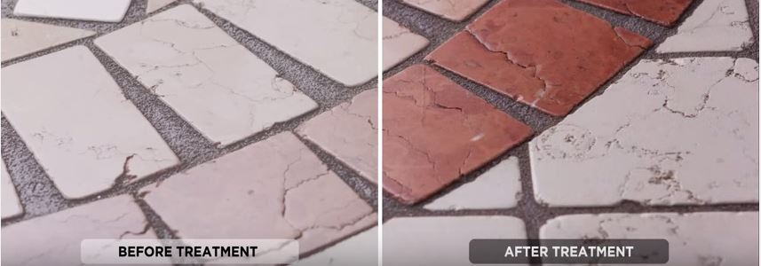 Demonstration of how a wet look sealer can enhance the colour of natural stone and tiles, with before on the left and after wet look treatment on the right of the image